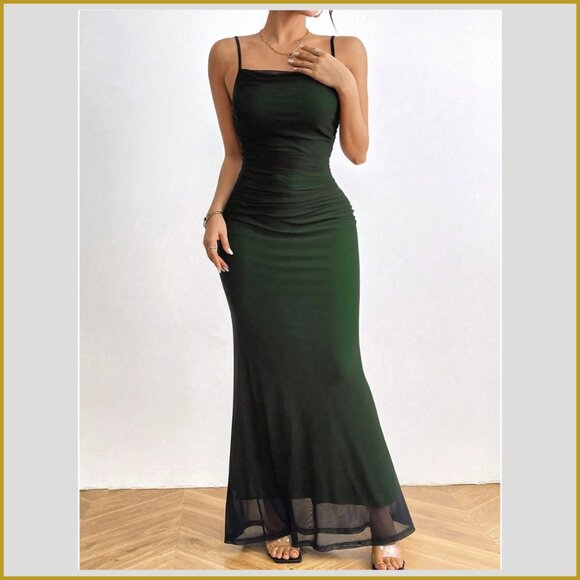 Green Spaghetti Strap Maxi Dress with Mesh Hem Bodycon | Size M - Picture 3 of 5